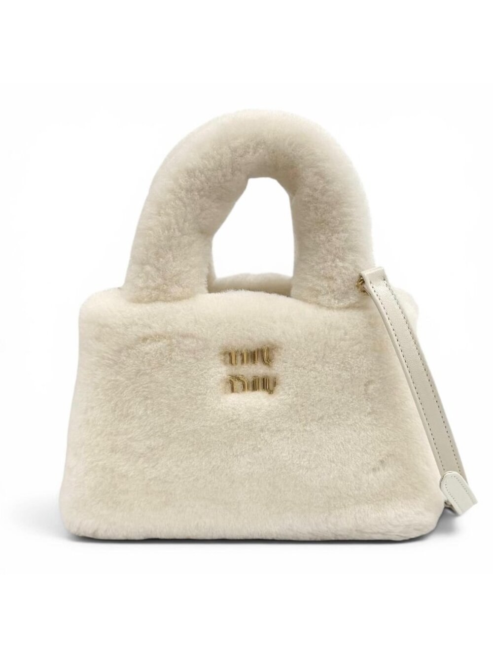Miu Miu Sheepfur with Logo Plate Shearling 2-Way Handbag White